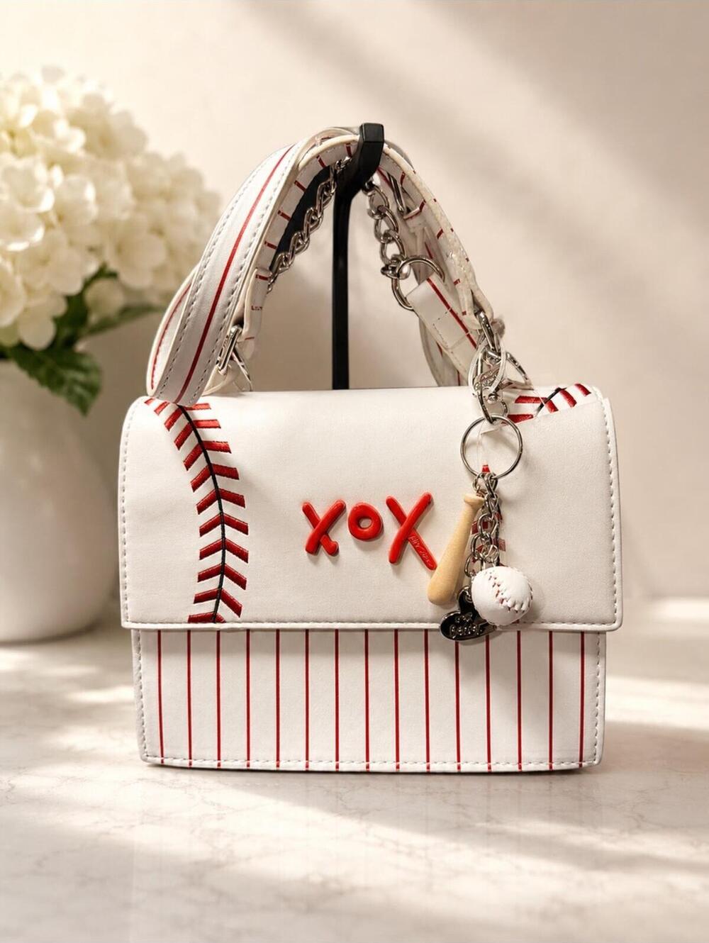 Betsey Johnson Baseball Accent Top Handle Crossbody w/Bag Charm NWT